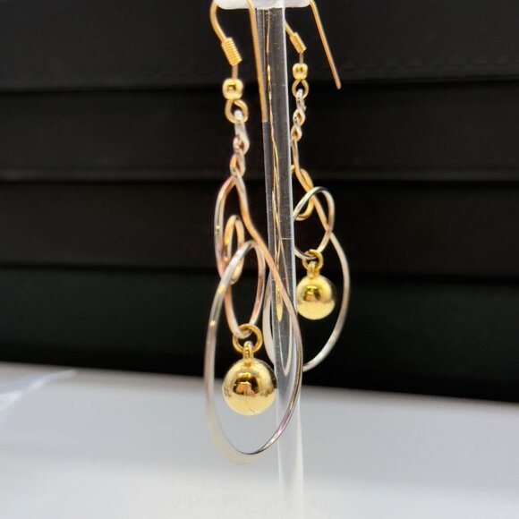 Gold Silver Tricolor Dangle Drop Statement Earrings Abstract Twisted Wire Hoop - Picture 12 of 13